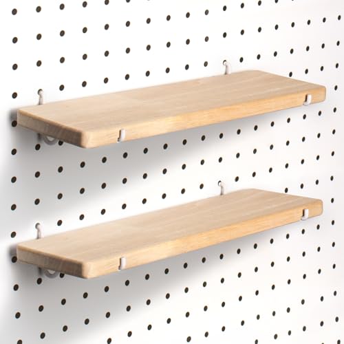 2 Pack Solid Wood Pegboard Shelf, High Balance and No tilt, 12" x 4" Pegboard Shelves Fit 1/4" Pegboard for Display Craft Garage Workbench Office