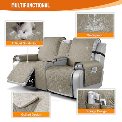 VANSOFY Loveseat Recliner Cover with Console 100% Waterproof Sofa Slipcovers Non-Slip Reclining Couch Cover Split Sofa Covers Furniture Protector for Pets, Dogs（Khaki） - color: Khaki