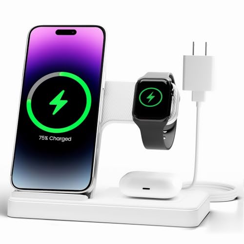 Wireless Charger Stand Charging Station: 3 in 1 Charger Stand Multiple Devices for Apple - iPhone 17 16e 16 15 14 Pro Max 13 12 - Watch 11 10 9 8 7 6 5 4 3 2 SE and Ultra Series-Airpods 4 3 Pro, White - color: White