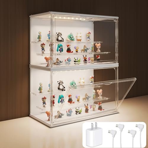 Clear Display Case for Collectibles, 3-Tier Adjustable Figure Display Case with LED Light, Stackable Acrylic Showcase with Magnetic Door for Jewelry,Collectibles (White, 2 Pack-17.4" H) - color: White, size: 2 Pack-17.4"H