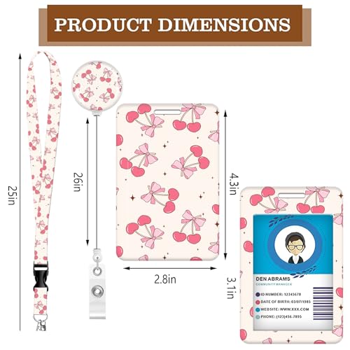 ID Badge Holder with Lanyard Fashionable ID Card Holders with Retractable Lanyards Soft Fiber Metal Clip Sturdy Buckle for Key Wallet Work Nurse Teacher (Pink Bow Cherry) - color: Pink Bow Cherry