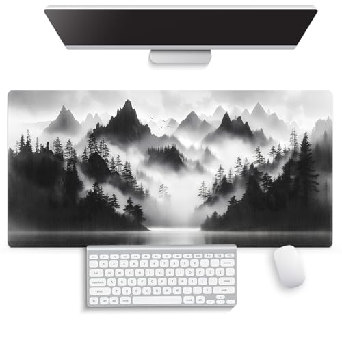 Large Gaming Mouse Pad (31.5" x 15.8") - Foggy Forest Misty Mountain Landscape Painting Black and White Wonderland, Extra XXL Extended Office Accessories, Premium Stitched Anti-Slip Desk Mat - color: Foggy Forest