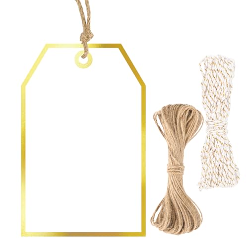 G2PLUS Gift Tags with String - 100Pcs White Blank Gift Wrapping Tags, 3.3x2.2 in Foil Gold Paper Tag for Wedding, Birthday, Baby Shower, Christmas - style: Gold Single Border