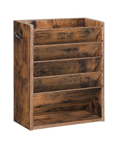 CHOEZON Wall File Organizer, 6-Tier Vertical Mount Hanging Holder with 2 Side Hooks, Vintage Wooden Magazine Storage Crate with Bottom Flat Tray, Desk Organizer, for Office, Home, Rustic Brown MWJ01FG - color: Rustic Brown, size: 6-Tier