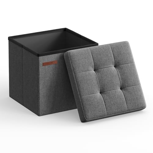SONGMICS 11.8 Inches Small Folding Storage Ottoman Cube, Storage Footrest, Foot Rest Stool, for Living Room, Bedroom, Dorm, Dark Gray ULSF028G01 - color: Dark Gray, size: 11.8"D x 11.8"W x 11.8"H
