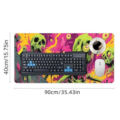 Zombie Skull Gaming Mouse Pad, Rubber, Vibrant Purple, Green and Black Design, 35.4 x 15.7 Inches - color: Skeleton