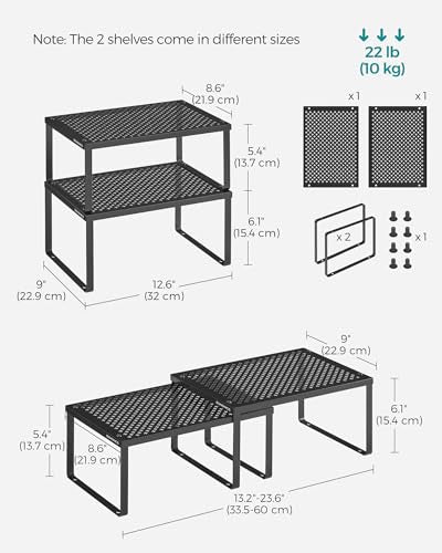 SONGMICS Spice Racks, Set of 2 Metal Cabinet Shelf Organizers, Countertop Organizers, Shelf Risers, Stackable, Expandable, Ink Black UKCS001B01 - color: Ink Black, size: 9"D x 12.6"W x 6.1"H + 8.6"D x 12.6"W x 5.4"H