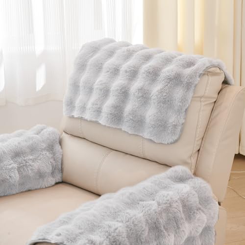 vctops 3 Pieces Faux Rabbit Fur Sofa Armrest Cover for Recliner Chair Non Slip Fluffy Furry Headrest Cover Soft Fuzzy Couch Cover for Dogs Washable Furniture Protector (Light Grey,1 Seat) - color: Light Grey