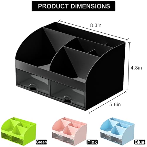 COMFYROOM Desk Organizer with 6 Compartments and 2 Drawers, Plastic Makeup Organizer, Pen Holder for Desktop Storage, Desk Organization for School, Home, Office Supplies (Black) - color: Black