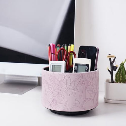 Round Leather Art Supply Organizer,Remote Control Holder,360 Degree Spinning,Multi-Functional Pencil Holder,4 Compartments Desktop Stationary Organizer(1-Carved Purple) - color: 1-Carved Purple