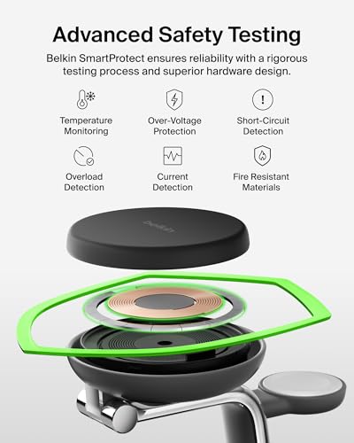 Belkin MagSafe Charger Compatible, 3-in-1 Charging Station, Qi2.2 25W w/Cooling Fan (On/Off Control) Magnetic Wireless Charger for iPhone 17, Apple Watch, AirPods, Pixel 10 (45W Adapter Included) - color: Black, style: 3 in 1