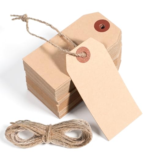 100 Pcs Blank Gift Tags with String, 2.75'' x1.37'' Khaki Paper Gift Tags with String Attached Blank Personalized Name Tag for Presents Birthday Wedding Christmas Decoration