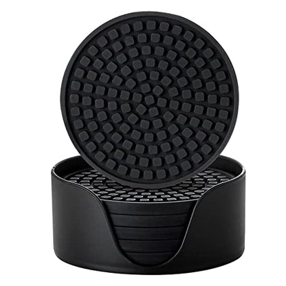 Colinda Silicone Drink Coasters with Holder, Set of 6, Outdoor Cup Mat for Hot or Cold Drinks, Thickened, Non-Slip,Non-Stick, Black - color: Black
