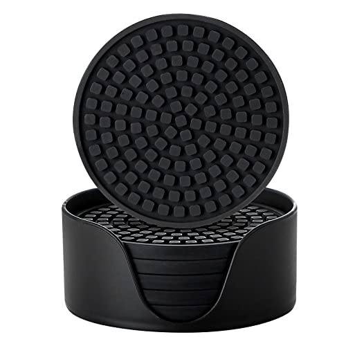 Colinda Silicone Drink Coasters with Holder, Set of 6, Outdoor Cup Mat for Hot or Cold Drinks, Thickened, Non-Slip,Non-Stick, Black - color: Black