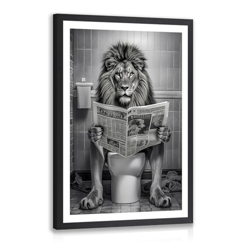 LERVR Wood Framed Funny Lion Bathroom Wall Art, Lion Reading Newspaper Toilet Wall Decor, Black and White Bathroom Canvas Print, Whimsical Animal Aesthetic Picture for Powder Room Restroom 12x16 Inch - color: Lion, size: 16"L x 12"W