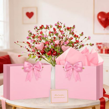 Hooqict Pink Gift Bag Large Birthday Gift Bags with Handles, 1 Ribbon, 4 Tissue Paper, 2 Greeting Cards for Women Girls Anniversary Wedding Baby Shower Valentines Galentines Mothers Day Presents - color: Pink