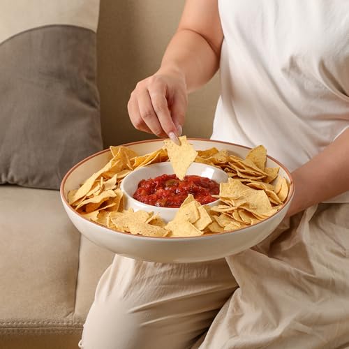 FUN ELEMENTS Ceramic Chips and Dip Serving Tray: 12 Inch Large Divided Bowls Set for Salsa, Veggies & Dip, Appetizers, Snacks, Fruit, Candy, Free-Form Serving Dish Platter for Parties Hosting