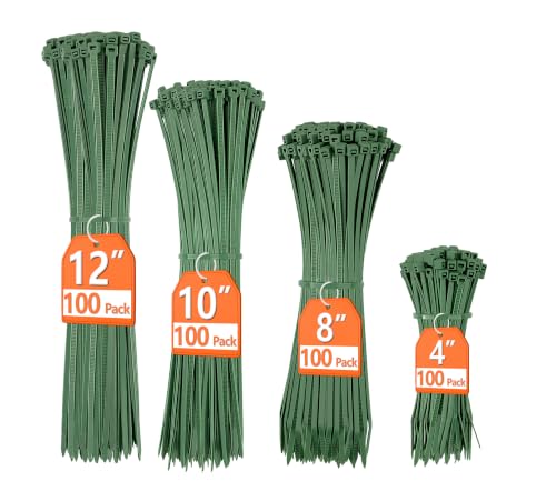 PA66 Green Zip Ties 400 Pack, Heavy Duty Cable Ties Assorted Sizes | 22-55lb Strength, UV Resistant, 12+10+8+4 Inch Self-locking, for Garden Plants Grid Wall Holiday Lights Cable Management - color: Dark Green, size: 4+8+10+12 inch (400 pcs)