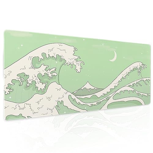 Matcha Green White Japanese Anime Gaming Mouse Pad XL Cute Kawaii Sage Aesthetic Wave Extended Large Desk Mat Non-Slip Rubber Base Stitched Edge Keyboard Mousepad for PC Office Laptop,31.5×11.8 in - color: Green Wave, size: X-Large