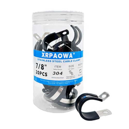 7/8 Inch Stainless Steel Cable Clamps, 20 Pcs, Rubber Cushioned Insulated Clamps, Pipe Clamp, Tube Holder for Tube, Pipe, Lines or Wire Cord Installation (7/8"(22mm)) - size: 7/8"(22mm)