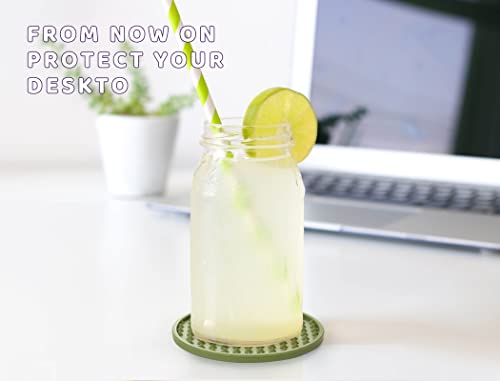 Coasters for Drinks 6 Pack Drinking Coaster with Holder,Heat Resistant Silicone Cup Mat Tabletop Protection,Non-Slip Rubber Coasters for Kinds of Cups (Green) - color: Green-metal Holder