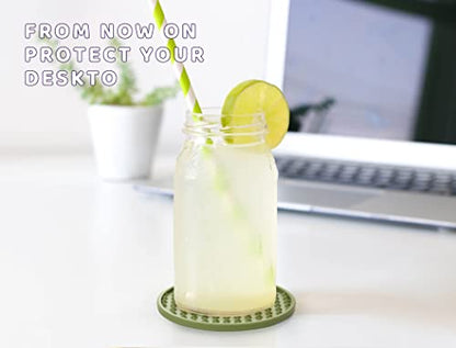 Coasters for Drinks 6 Pcs Plastic Coaster with Holder,Heat Resistant Silicone Cup Mat Tabletop Protection,Non-Slip Rubber Coasters for Kinds of Cups (Green) - color: Green-plastic Holder