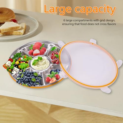 ASTIMESA Divided Serving Tray with Lid 6 Compartments, 10.4 Inch Stainless Steel Round Veggie Tray, Reusable Snack Box Container Fruit Platter Parties Fridge Food Storage Picnic (1 pcs)