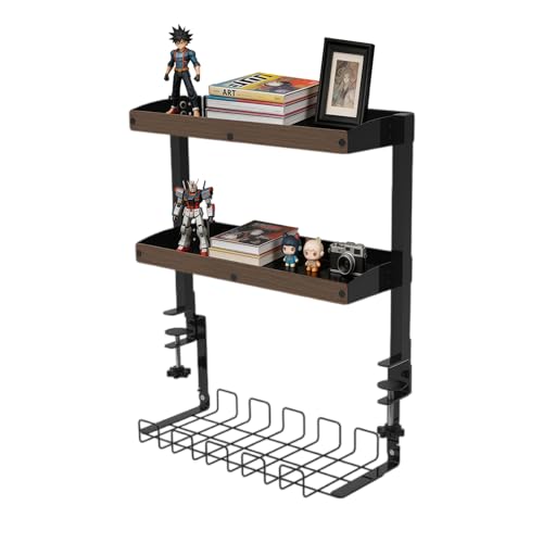 Clamp on Desk Shelf,17'' 2 Tier Office Desk Shelves Organizer with Under-Desk Hidden Storage Basket,Wood Desktop Supplies Storage Rack for Home Workspace, Study Rooms,Gaming Devices (Black) - color: Black