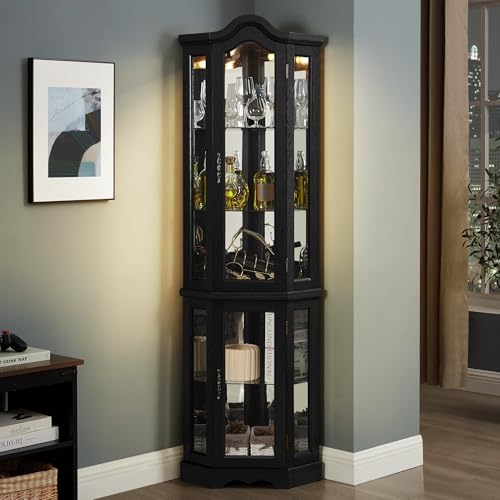 70" Lighted Corner Curio Cabinet,Inside Mirror Corner Glass Display Case with Tempered Glass Door for Living Room, Antique Collectibles, Wine & Bar Glass Storage, Lights Included - color: White, size: Style-D