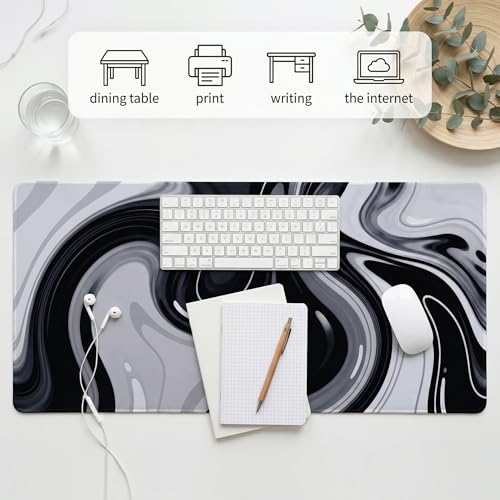 Large Black Grey Liquid Mouse Pad, Extended XL Gaming Desk Pad with Non-Slip Rubber Base, Stitched Edges, Waterproof Surface for Keyboard and Computer 35.4x15.7 inch