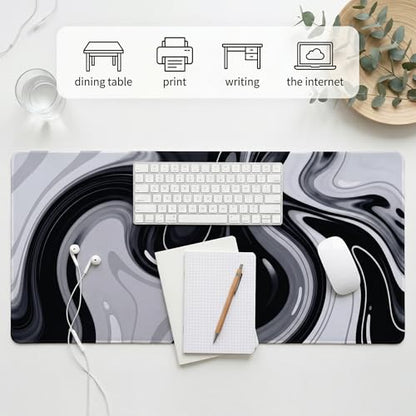 Large Black Grey Liquid Mouse Pad, Extended XL Gaming Desk Pad with Non-Slip Rubber Base, Stitched Edges, Waterproof Surface for Keyboard and Computer 35.4x15.7 inch