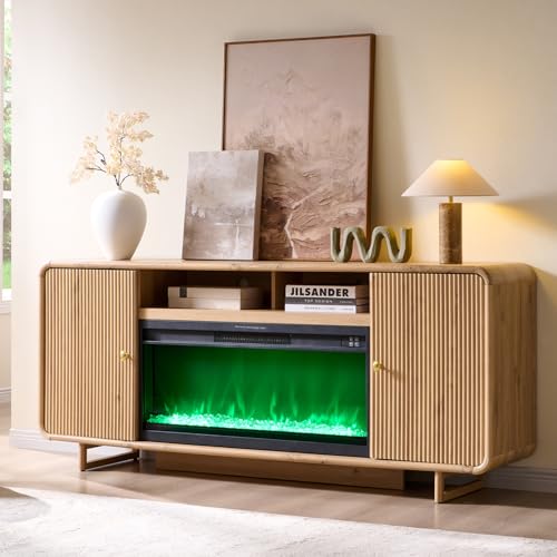 IFGET 70" Fluted Fireplace TV Stand for 80 Inch TV, Modern Entertainment Center w/36'' Electric Fireplace, Wood Media Console w/Curved Profile Design and Adjustable Shelves for Living Room,Natural Oak - color: Natural Oak, size: 70 "TVs with Fireplace