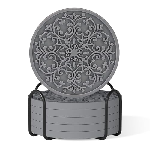 Drink Coasters, Coasters Set of 6 for Cup with Holder, Non-Slip Silicone Cup Mats for Hot and Cold Drinks, Cute Absorbent Coffee Bar Accessories Table Decor, Grey - color: Gray