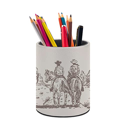 Western Desert Cowboy Pen Holder Pencil Cup for Desk Organizer | Cute Makeup Brush Holder PU Multifunctional Office Suppliesfor Decor Home Classroom School - color: Cowboy