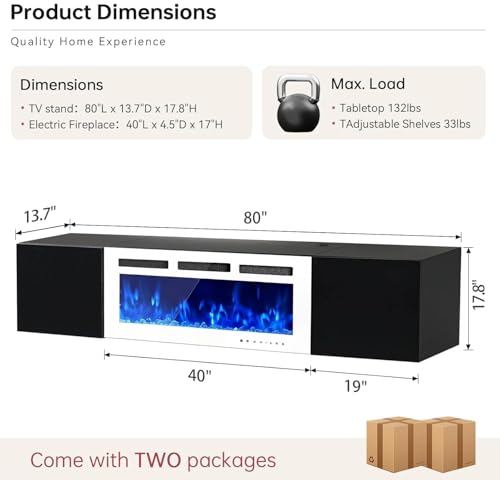 80'' Floating TV Stand with 40" Electric Fireplace, Wall Mounted Entertainment Center with Storage for TVs up to 90", Adjustable 12-Color LED Lights Media TV Console for Living Room - color: Black & White, size: 80 IN