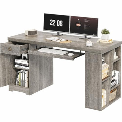 HSH 55" Office Computer Desk with Drawers, Farmhouse Grey Executive Desk with Storage Shelves and Cabinet, Modern Wooden Computer Table Teacher Desks with Keyboard Tray for Home Writing Work Study - color: Light Grey Oak