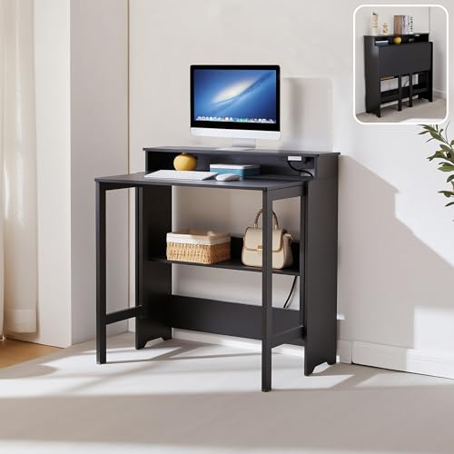Folding Desk with Charging Station,Fold Out Desk with Monitor Stand,Storage Shelf,Small Foldable Computer Desk for Compact Home Office Spaces (Black) - color: Black