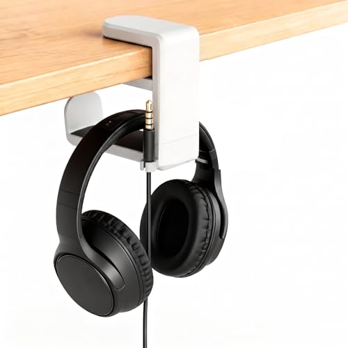 Universal Headphone Stand & Headset Holder - 360° Swivel Under Desk Headphone Hook with Cable Management Clip (White) - color: White
