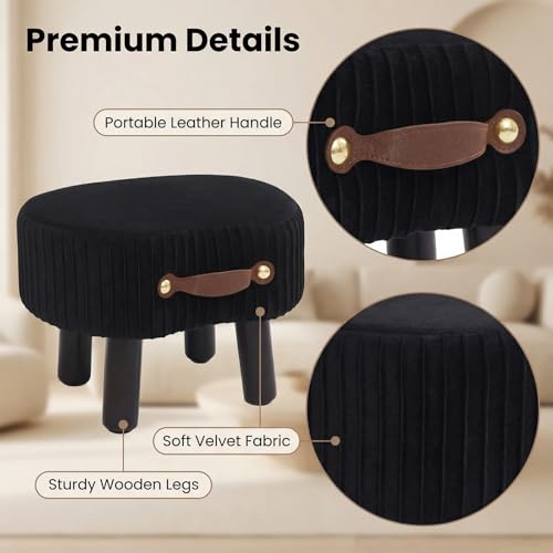 Foot Stools Ottoman with Handle Small Foot Stool Footrest Ottomon | Velvet Footstool Ottoman with Padded Seat, Curved Foot Rest Stool with Wooden Legs for Living Room, Entrywa（Black） - color: Black