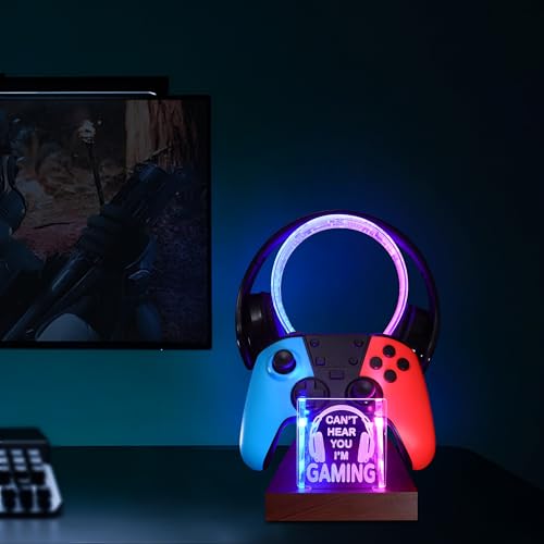 YuanDian Gamer Gifts for Teenage Boy, Can't Hear You I'm Gaming Headset and Controller Stand, Acrylic Wooden Controller Holder with Blue Pink LED Night Light, Desk Decor Gift - color: color GAMING