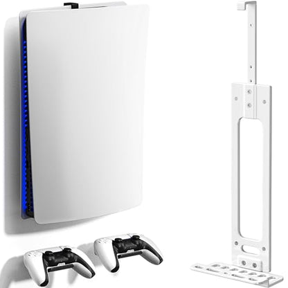 Wall Mount for PS5 with 2 Controller Holders, Sturdy Metal Console Holder Compatible with PlayStation 5, PS5 Slim, PS5 Pro Disc & Digital Editions, White