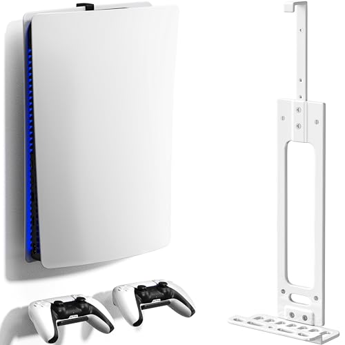 Wall Mount for PS5 with 2 Controller Holders, Sturdy Metal Console Holder Compatible with PlayStation 5, PS5 Slim, PS5 Pro Disc & Digital Editions, White