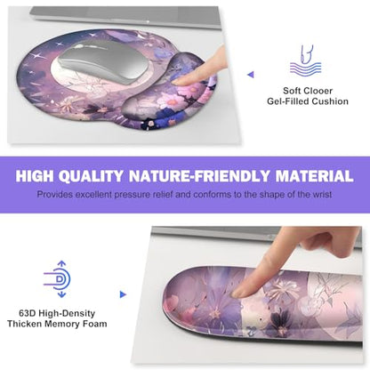 Large Desk Mat, Gaming Mouse Pad, Desk Pad Protector, XXL Mousepad + Keyboard Wrist Rest+Mouse Wrist Rest+Coaster Set with Ergonomic Desk Pad for Home Office PC Computer, Pastel Purple Flower Moon - color: Pastel Purple Flower Moon
