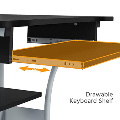 Yaheetech 2 Tier Mobile Computer Desk with Printer Shelf & Keyboard Tray Rolling Computer Table for Small Spaces, Compact Study Workstation with Wheels, Space Saving, Black - color: Black