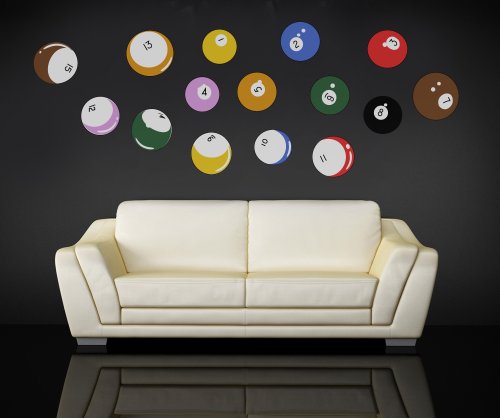 15 Billiard Balls Wall Decal Stickers Printed Graphic Game Room Decor Vinyl Wall Art. (Range from 8in x 8in to 11in x 11in in Size) #OS_MB130A. Easy to Apply & Removable. - size: Range from 8in x 8in to 11in x 11in in size.