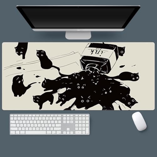 Gaming Mouse Pad XXL Extended Anime Mouse Pad 31.5x15.7inch, Large Cute Kawaii Big Computer Mouse Mat Desk Pad with Non-Slip Rubber Base and Stitched Edge for Home Office-Black Ink Cat - color: Black Ink Cat, size: 31.5L x 15.7W inches