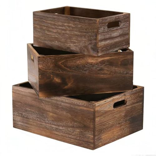 Decorative Wooden Crates for Storage Set of 3, Rustic Handmade Wood Nesting Crates with Cutout Handles, Vintage Farmhouse Decor Natural Solid Wood Display Boxes for Living Room Bedroom Kitchen