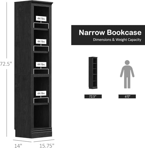 JAHRSTIM Halston Bookshelf, 5-Tier Tall Narrow Storage Shelf, Slim Adjustable Open Shelving Unit for Living Room Bathroom Home Office Bedroom, Modular Bookcase, Black - color: Black, size: Narrow w/o Doors