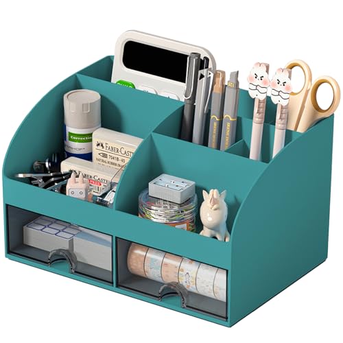COMFYROOM Desk Organizer with 6 Compartments and 2 Drawers, Plastic Makeup Organizer, Pen Holder for Desktop Storage, Desk Organization for School, Home, Office Supplies (Dark Green) - color: Dark Green