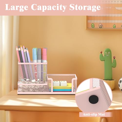 SUPEASY Mesh Pen Holder Desk Organizer, Office Supplies Pencil Storage with 3 Compartments, Office Desk Accessories and Workspace Organizers for Home School Classroom, Pink - color: Pink